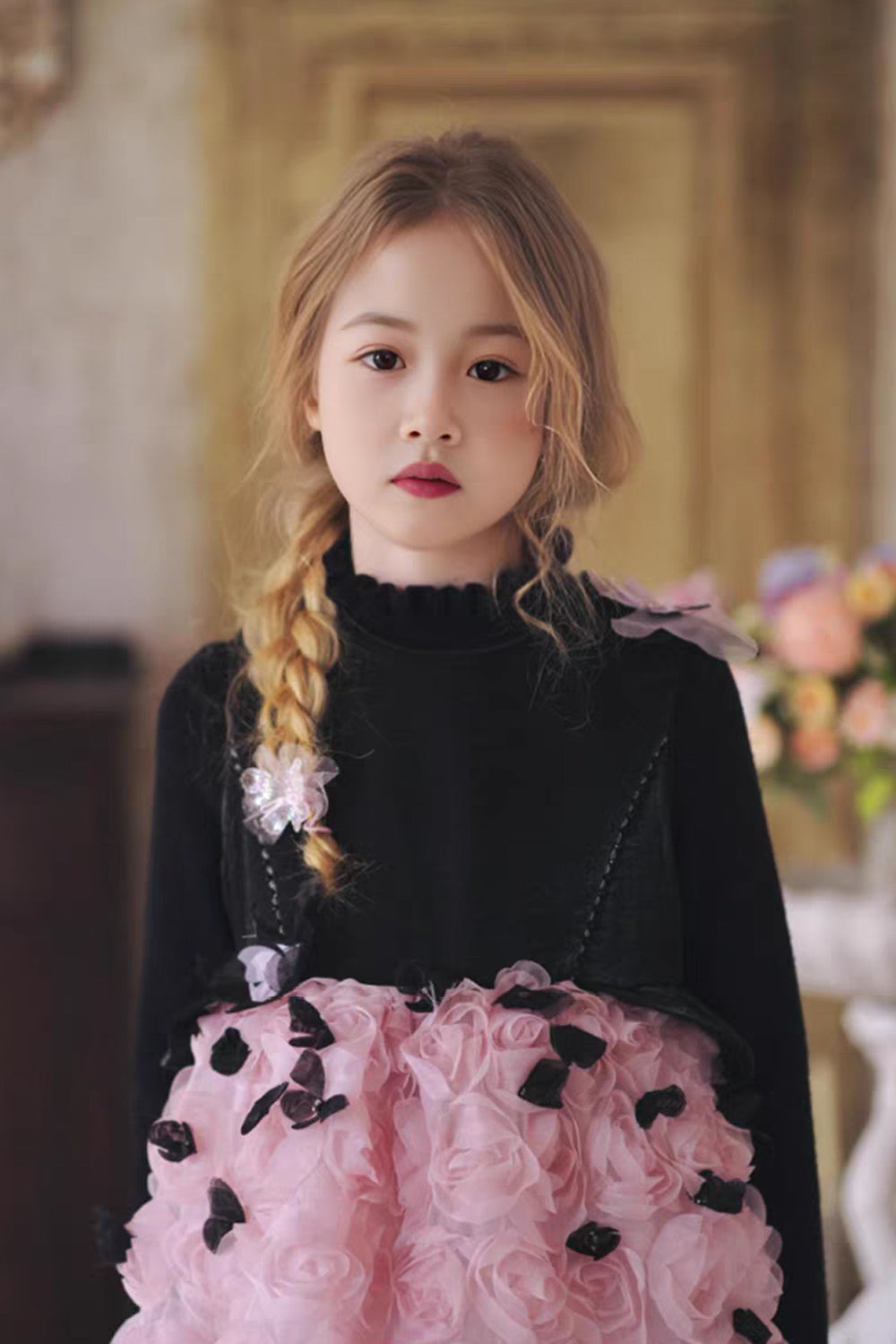 Black Bodice And Pink Rose-Appliqued Tulle Flower Girl Dresses, CF0018