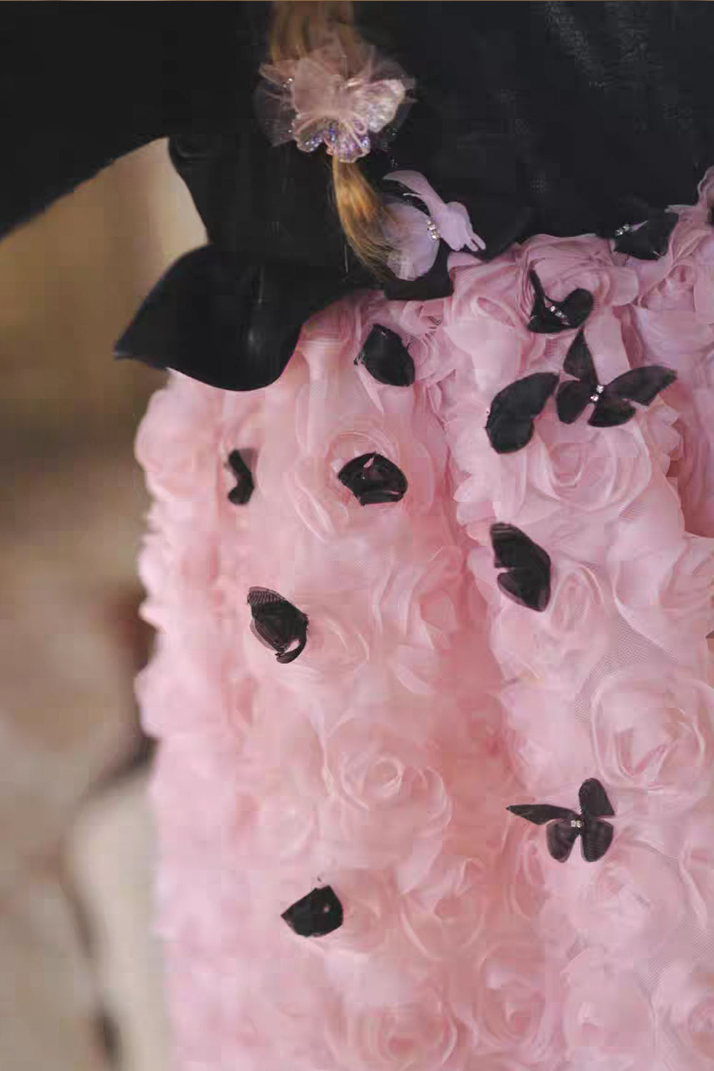 Black Bodice And Pink Rose-Appliqued Tulle Flower Girl Dresses, CF0018
