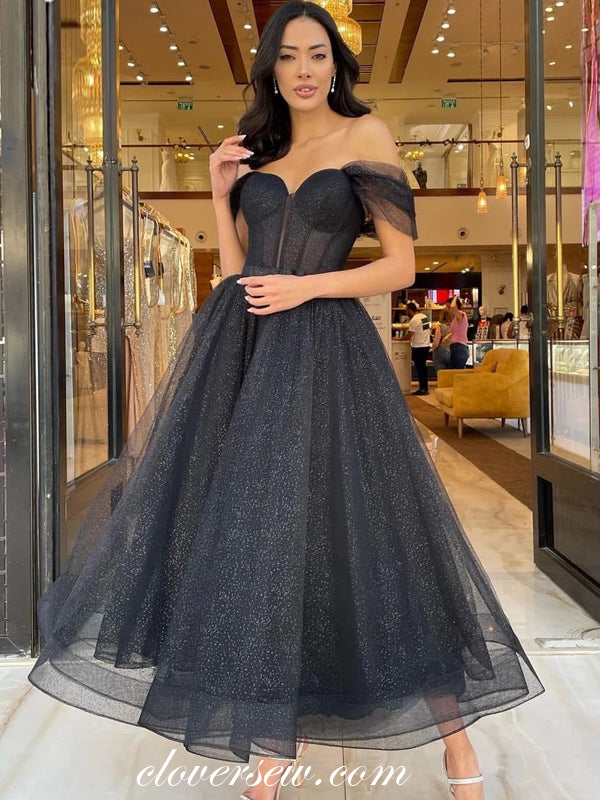 Black Glitter Tulle Off The Shoulder A-line Shiny Ankle Length Prom Dr clover sew Black Glitter Tulle Off The Shoulder A-line Shiny Ankle Length Prom Dr clover sew