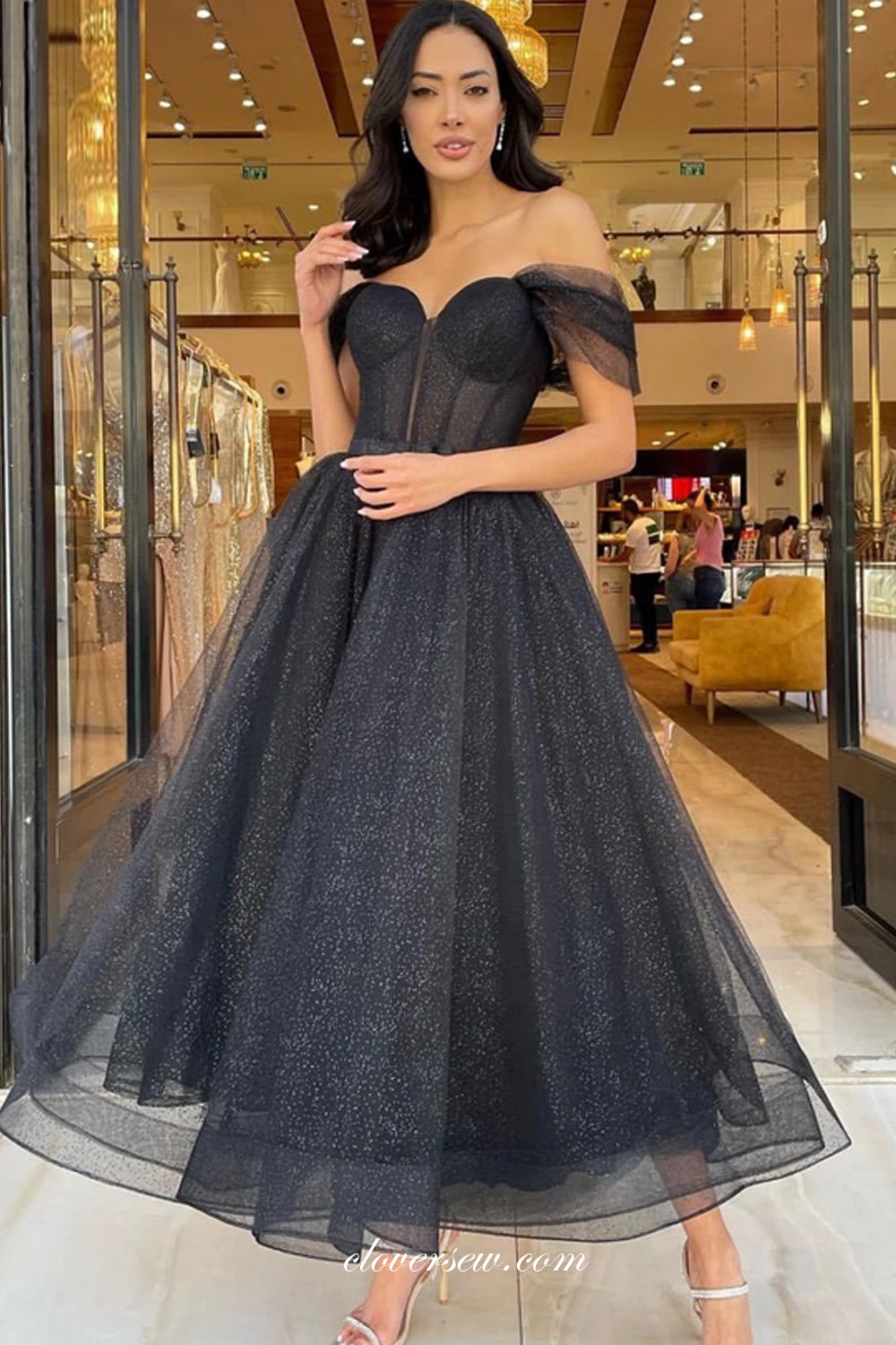 Black Glitter Tulle Off The Shoulder A-line Shiny Ankle Length Prom Dr clover sew Black Glitter Tulle Off The Shoulder A-line Shiny Ankle Length Prom Dr clover sew