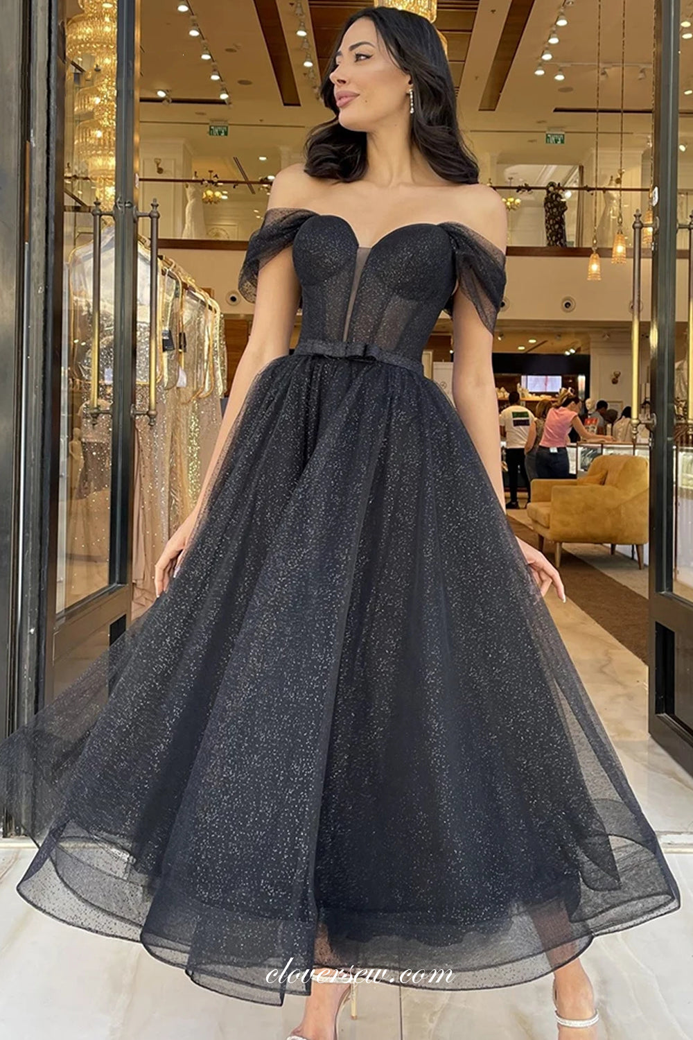 Black Glitter Tulle Off The Shoulder A-line Shiny Ankle Length Prom Dr clover sew Black Glitter Tulle Off The Shoulder A-line Shiny Ankle Length Prom Dr clover sew