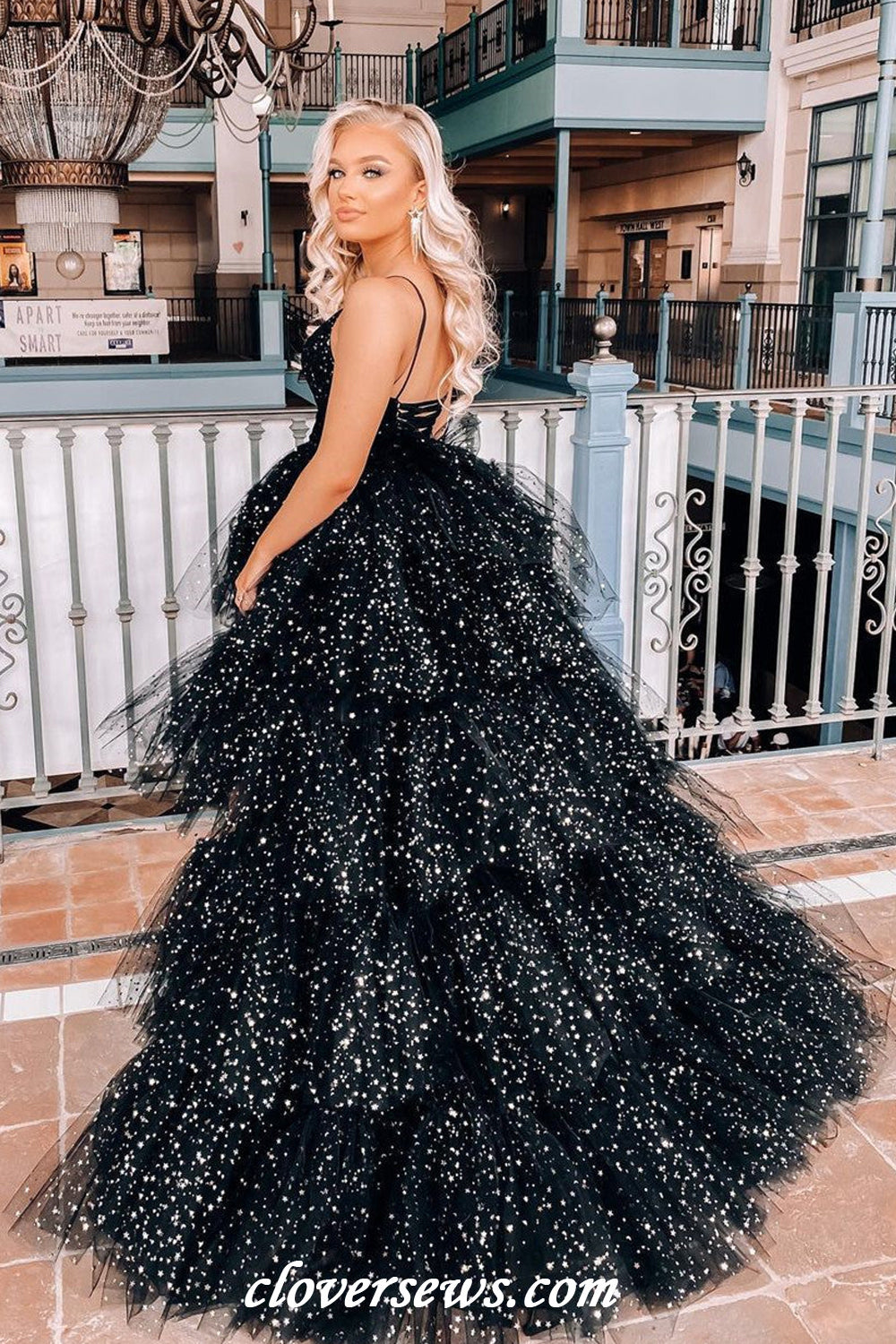 Black Glitter Tulle Spaghetti Strap Tiered High Low Shiny Prom Dresses, CP1150