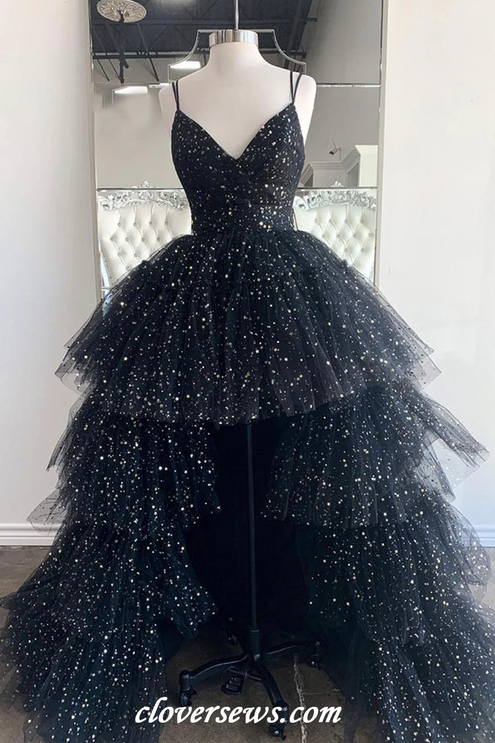 Black Glitter Tulle Spaghetti Strap Tiered High Low Shiny Prom Dresses, CP1150