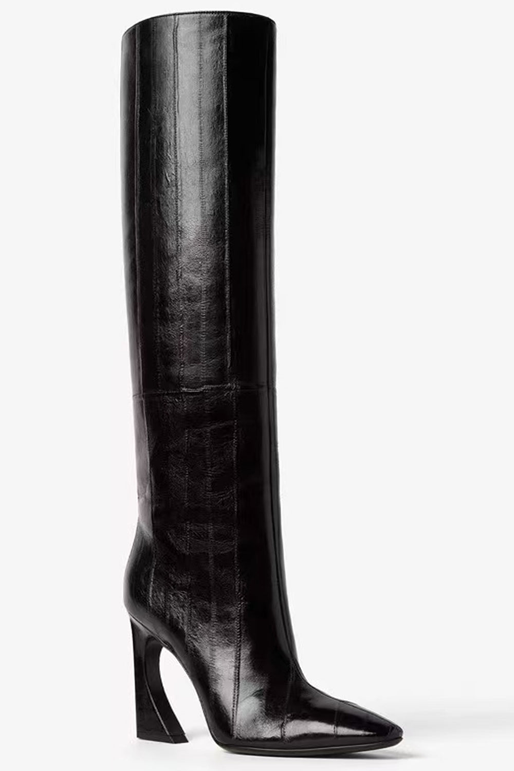 Black Knee-High Fashion Boots with Square Toe Unique Heels