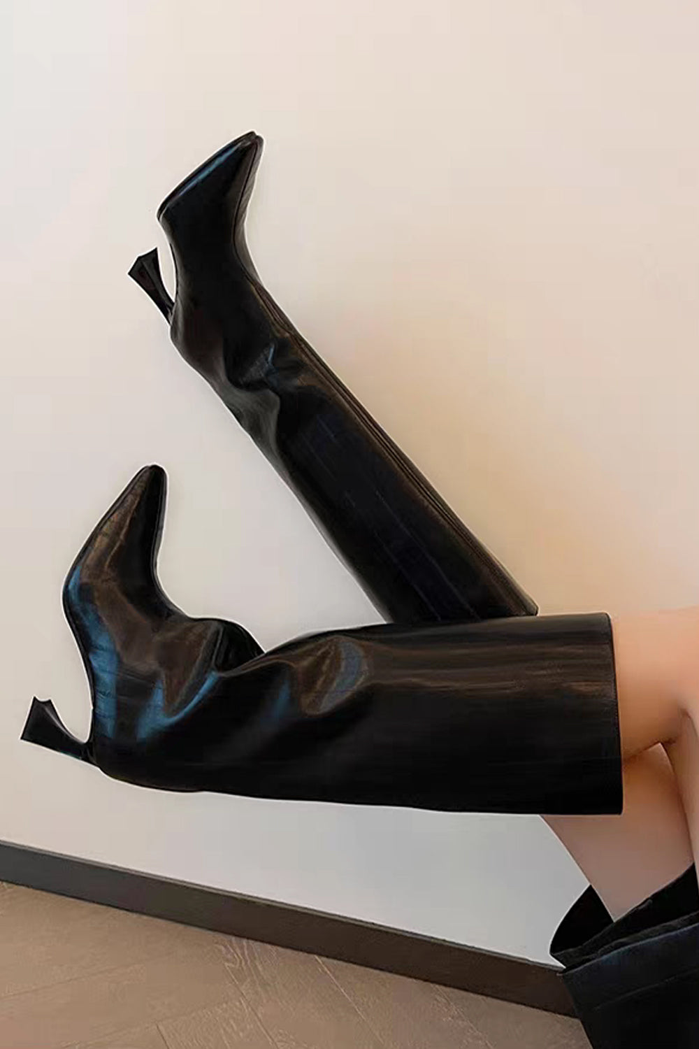 Black Knee-High Fashion Boots with Square Toe Unique Heels