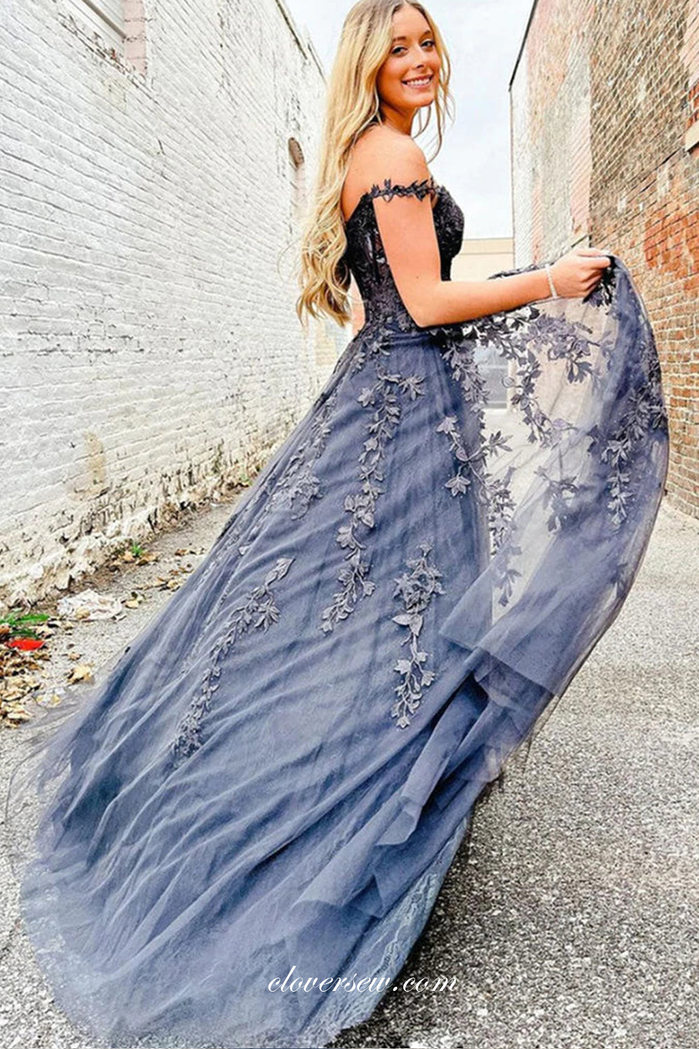 Black Lace Applique Off The Shoulder A-line Side Slit Prom Dresses, CP1030