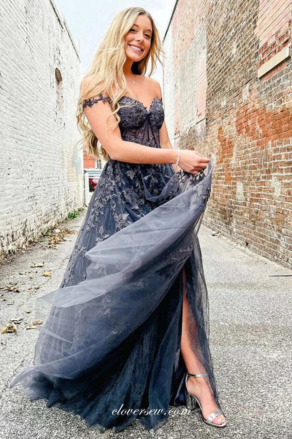 Black Lace Applique Off The Shoulder A-line Side Slit Prom Dresses, CP1030