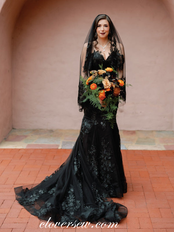 Black Lace Applique Strapless Mermaid Charming Halloween Wedding Dresses, CW0371