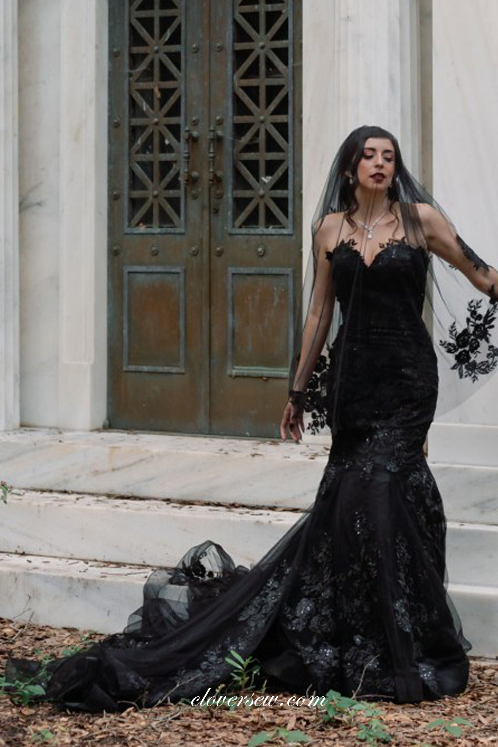 Black Lace Applique Strapless Mermaid Charming Halloween Wedding Dresses, CW0371 Black Lace Applique Strapless Mermaid Charming Halloween Wedding Dresses, CW0371