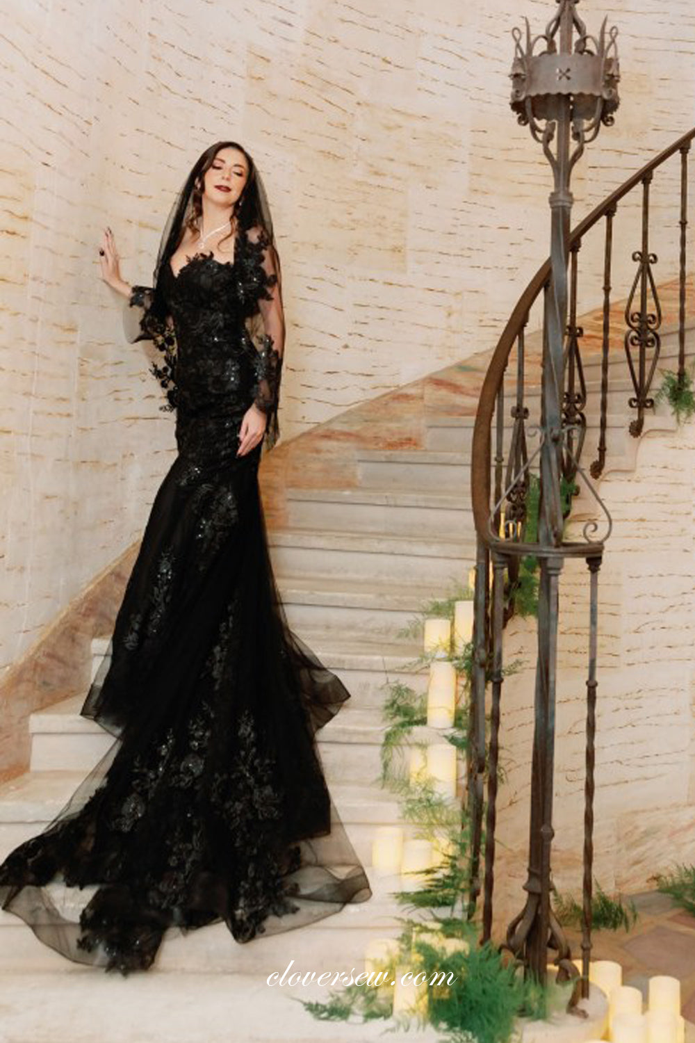 Black Lace Applique Strapless Mermaid Charming Halloween Wedding Dresses, CW0371