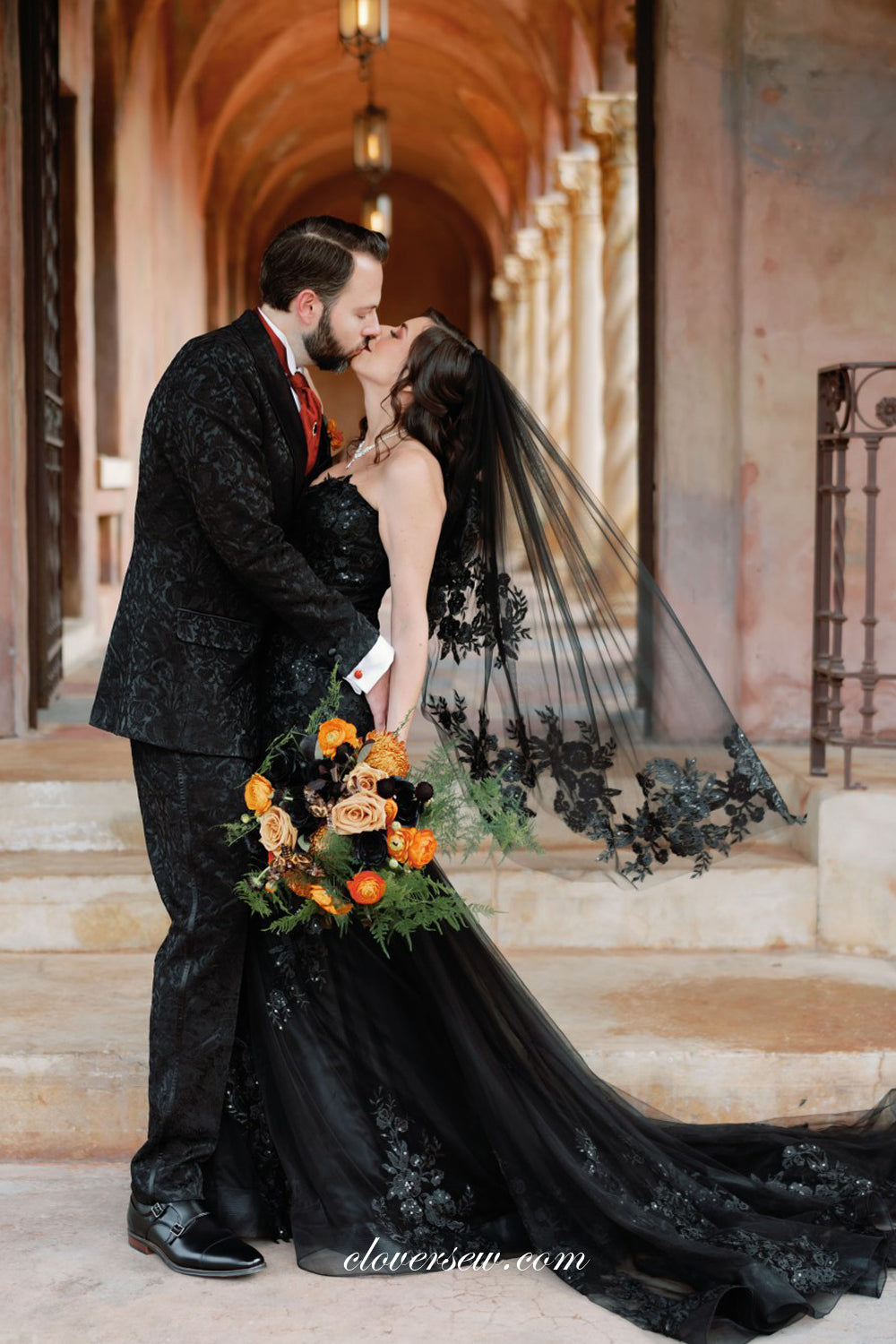 wedding dress with black lace applique A-Line Black Gothic Wedding Dresses with Sequin Lace Appliques Black / 12