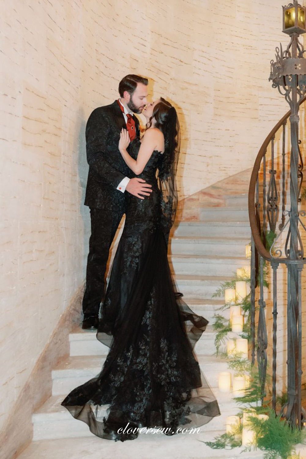 Black Lace Applique Strapless Mermaid Charming Halloween Wedding Dresses, CW0371