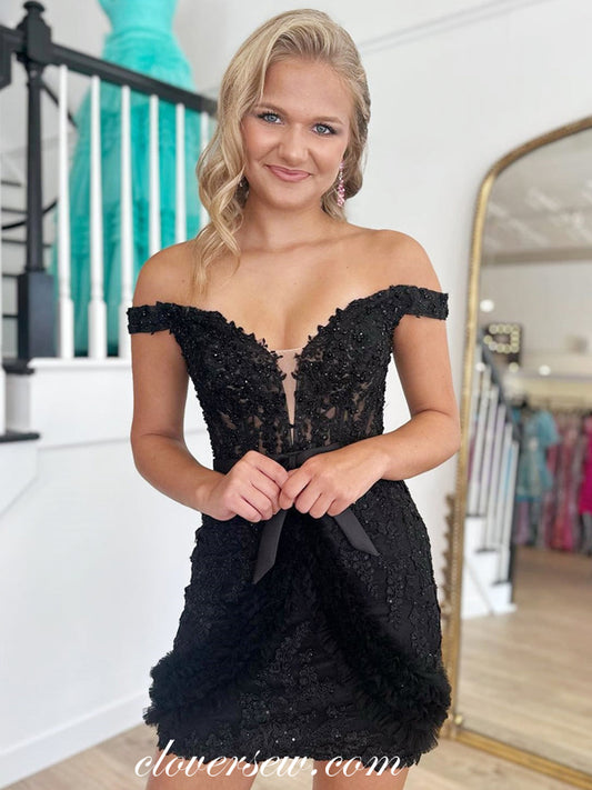 Black Lace Beading Off The Shoulder Sheath Fashion Homecoming Dresses, CH0078