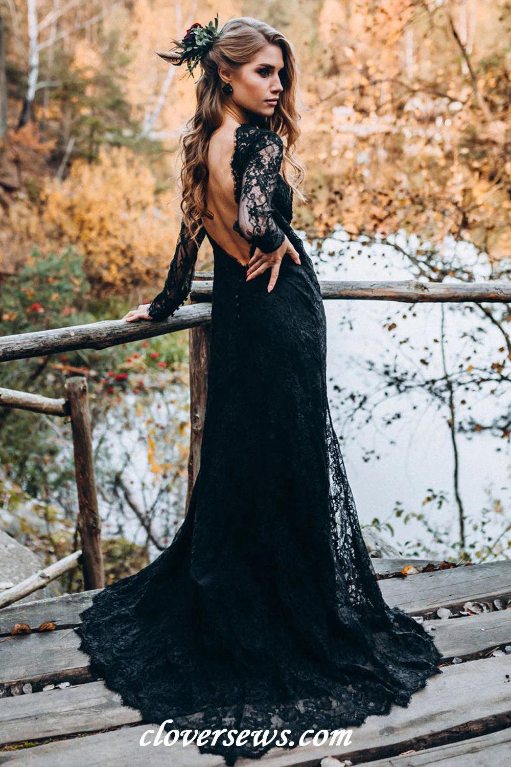 Black Lace Charming Long Sleeves Sheath With Slit Backless Wedding Dresses, CW0402 Custom Size(leaving a note) / As Pic Black Lace Charming Long Sleeves Sheath With Slit Backless Wedding Dresses, CW0402 Custom Size(leaving a note) / As Pic