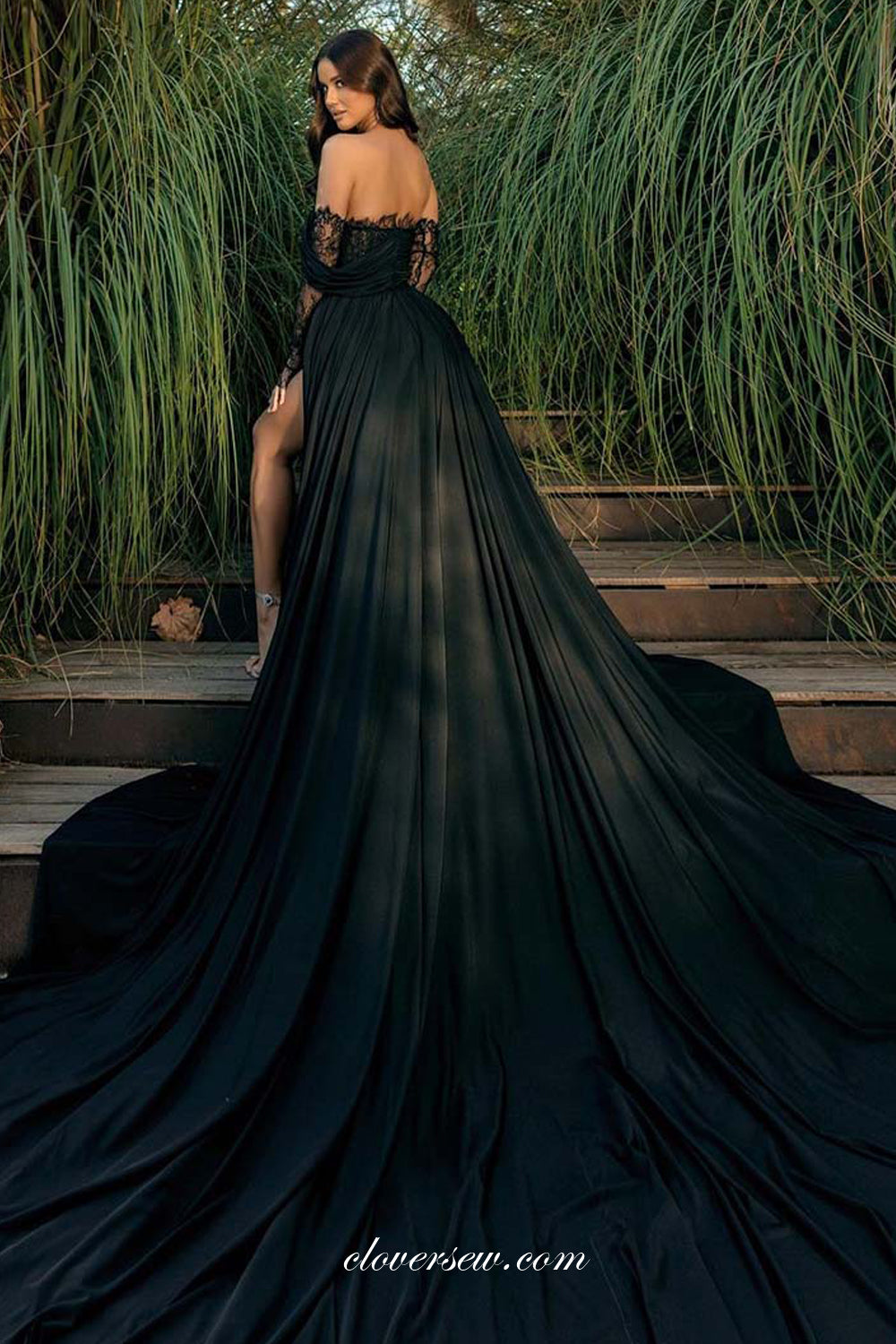 Black Lace Long Sleeves Chiffon Sheath High Slit With Train Halloween Wedding Dresses, CW0372