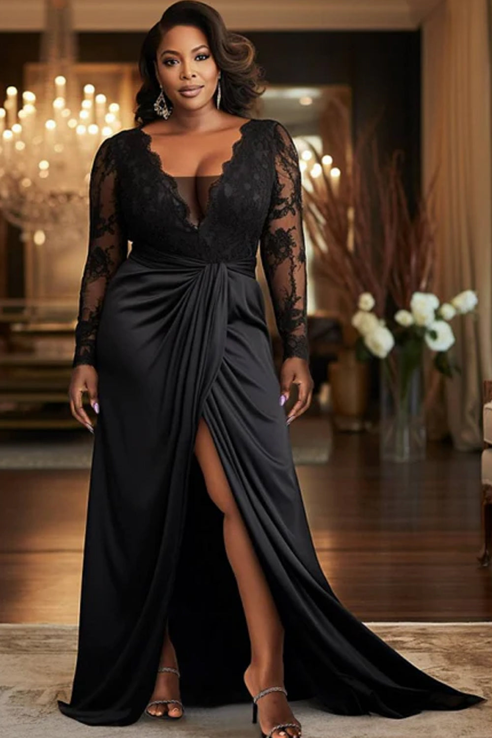 Black Lace Long Sleeves V-neck Sheath With Front Slit Formal Dresses, CP1042