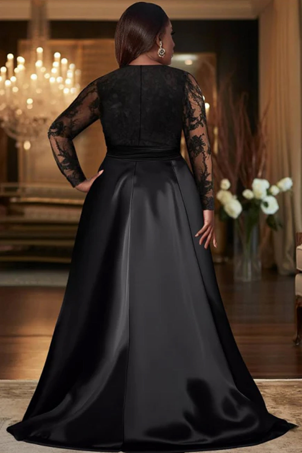 Black Lace Long Sleeves V-neck Sheath With Front Slit Formal Dresses, CP1042