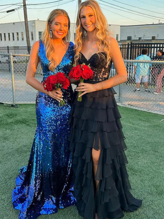 Black Lace Strapless Chiffon Tiered A-line Prom Dresses, CP1052