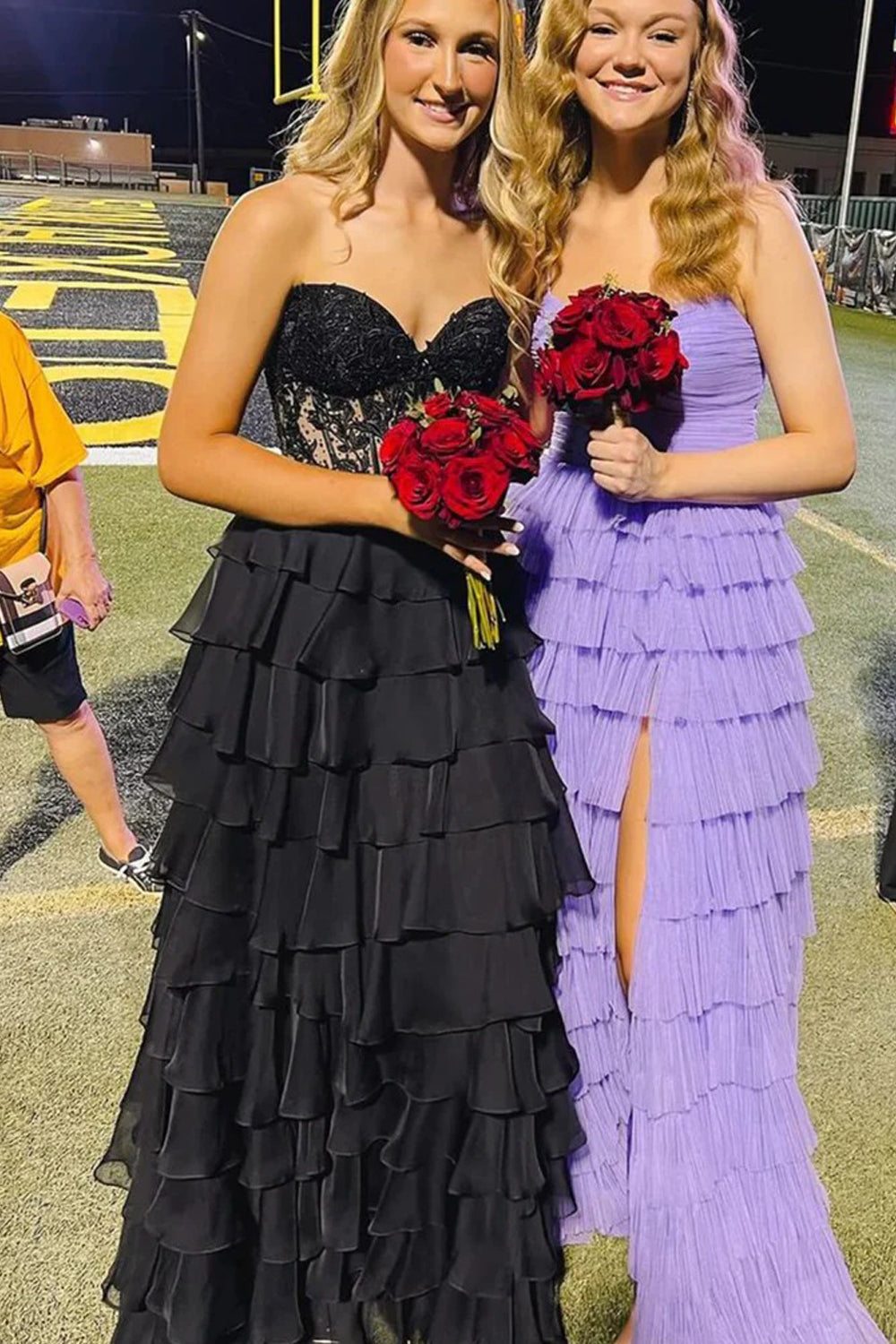 Black Lace Strapless Chiffon Tiered A-line Prom Dresses, CP1052