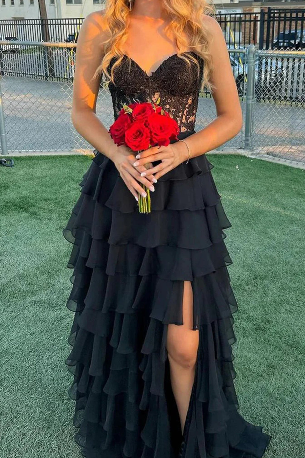 Black Lace Strapless Chiffon Tiered A-line Prom Dresses, CP1052