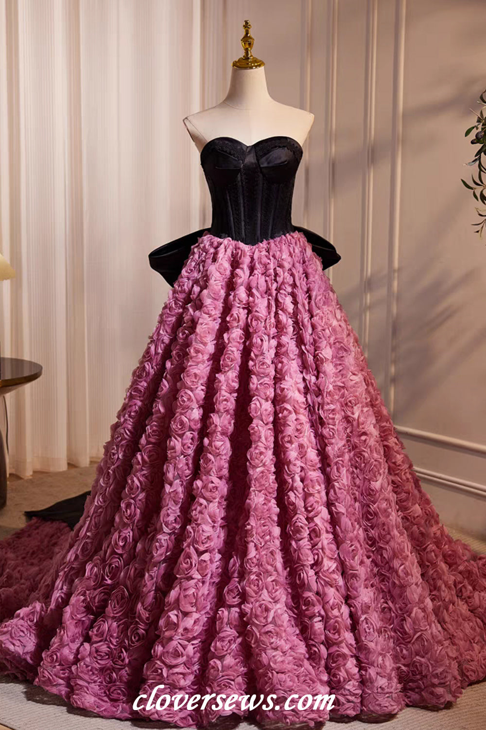 Black Lace Top Pink Rosy 3D Floral Tulle Strapless Ankle Length Prom Dresses, CP1163 Black Lace Top Pink Rosy 3D Floral Tulle Strapless Ankle Length Prom Dresses, CP1163