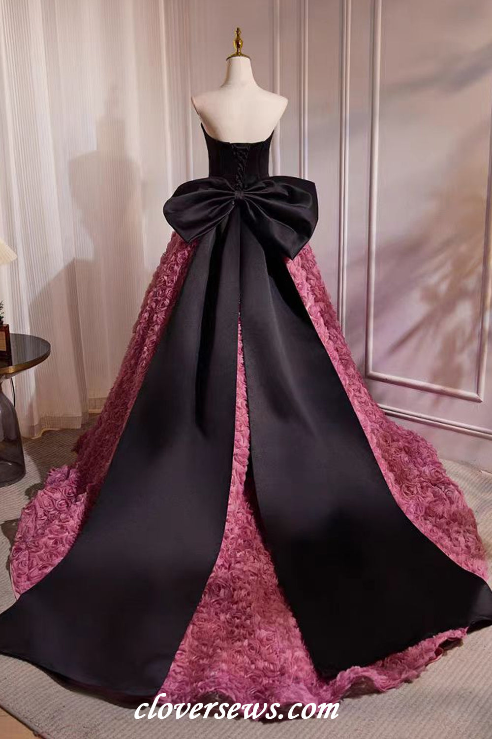 Black Lace Top Pink Rosy 3D Floral Tulle Strapless Ankle Length Prom D clover sew Black Lace Top Pink Rosy 3D Floral Tulle Strapless Ankle Length Prom D clover sew