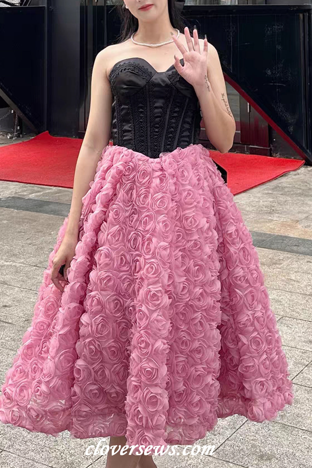 Black Lace Top Pink Rosy 3D Floral Tulle Strapless Ankle Length Prom Dresses, CP1163 Black Lace Top Pink Rosy 3D Floral Tulle Strapless Ankle Length Prom Dresses, CP1163