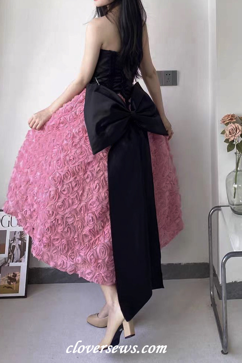Black Lace Top Pink Rosy 3D Floral Tulle Strapless Ankle Length Prom D clover sew Black Lace Top Pink Rosy 3D Floral Tulle Strapless Ankle Length Prom D clover sew