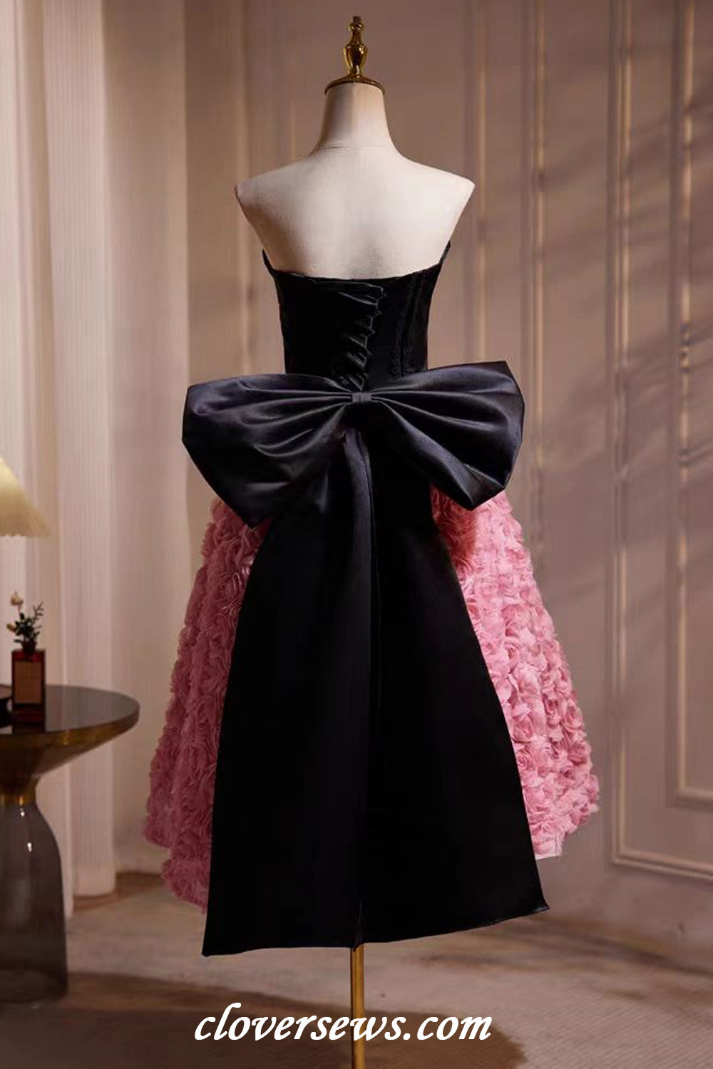 Black Lace Top Pink Rosy 3D Floral Tulle Strapless Ankle Length Prom D clover sew Black Lace Top Pink Rosy 3D Floral Tulle Strapless Ankle Length Prom D clover sew