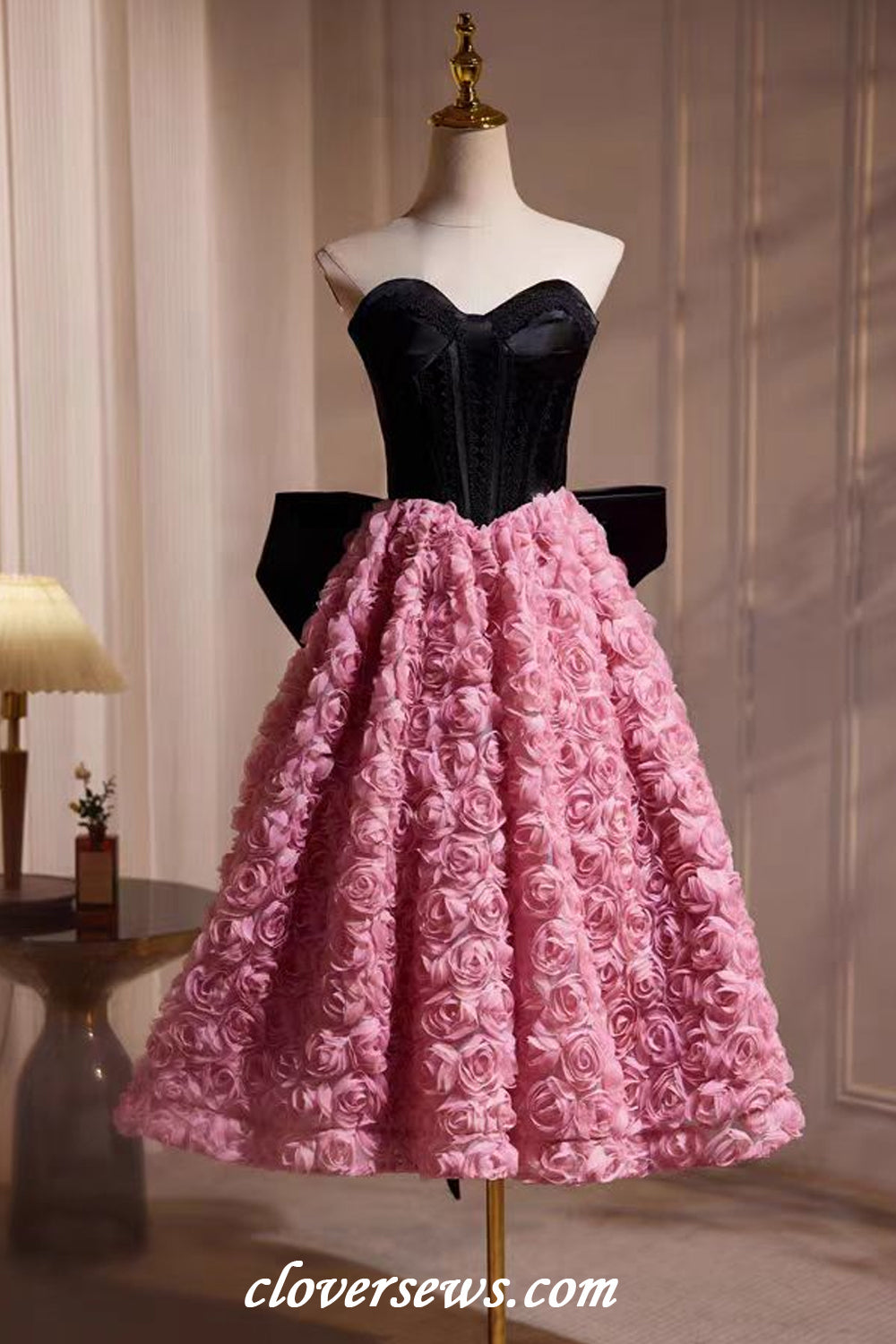Black Lace Top Pink Rosy 3D Floral Tulle Strapless Ankle Length Prom D clover sew Black Lace Top Pink Rosy 3D Floral Tulle Strapless Ankle Length Prom D clover sew