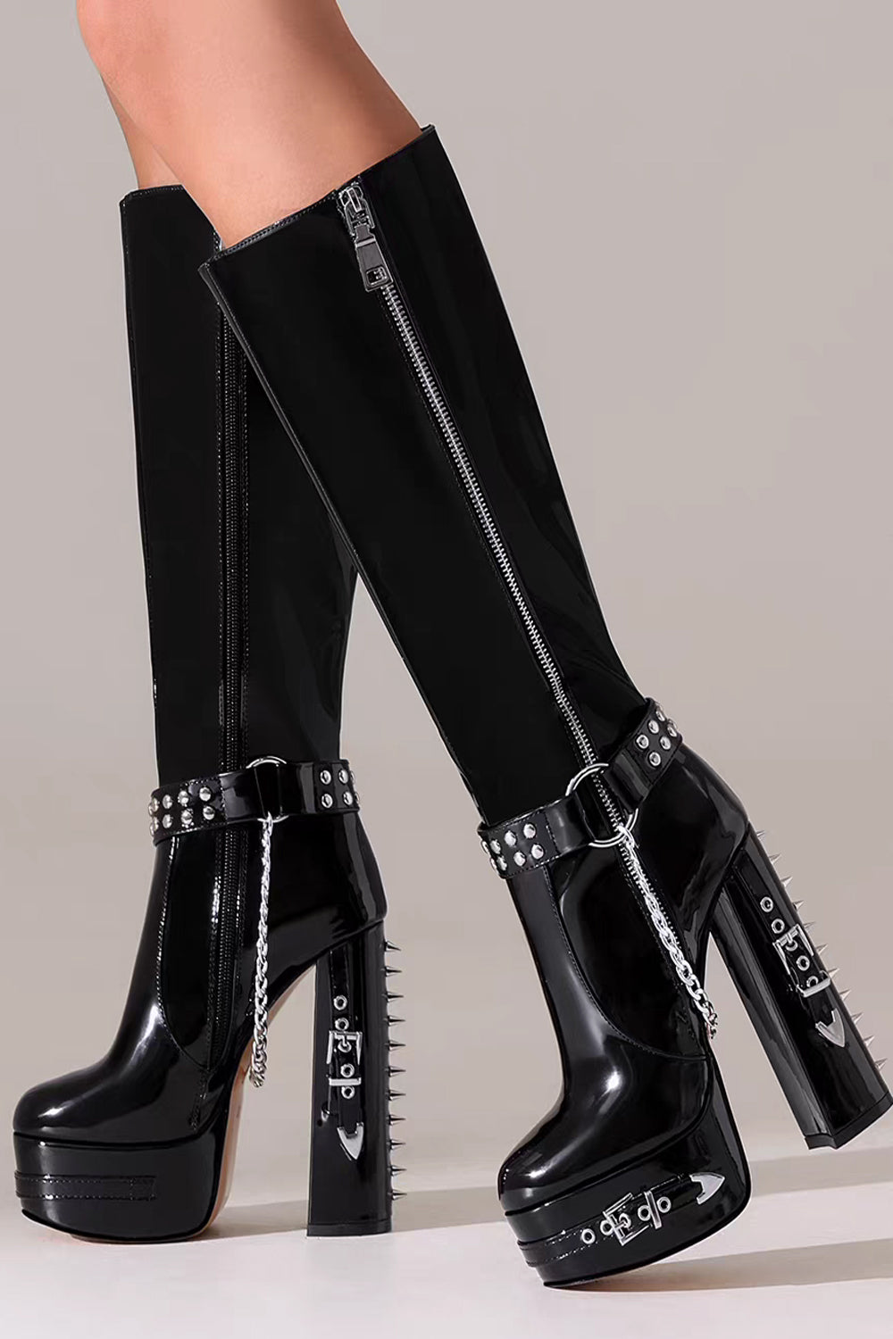 Black Patent Leather Platform Gothic Studed Chunky High-heeled Boots