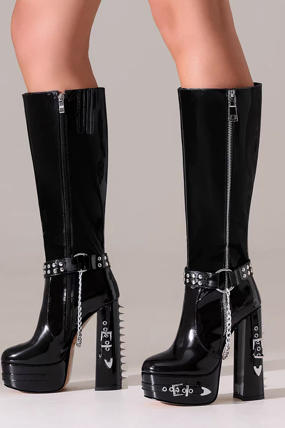 Black Patent Leather Platform Gothic Studed Chunky High-heeled Boots