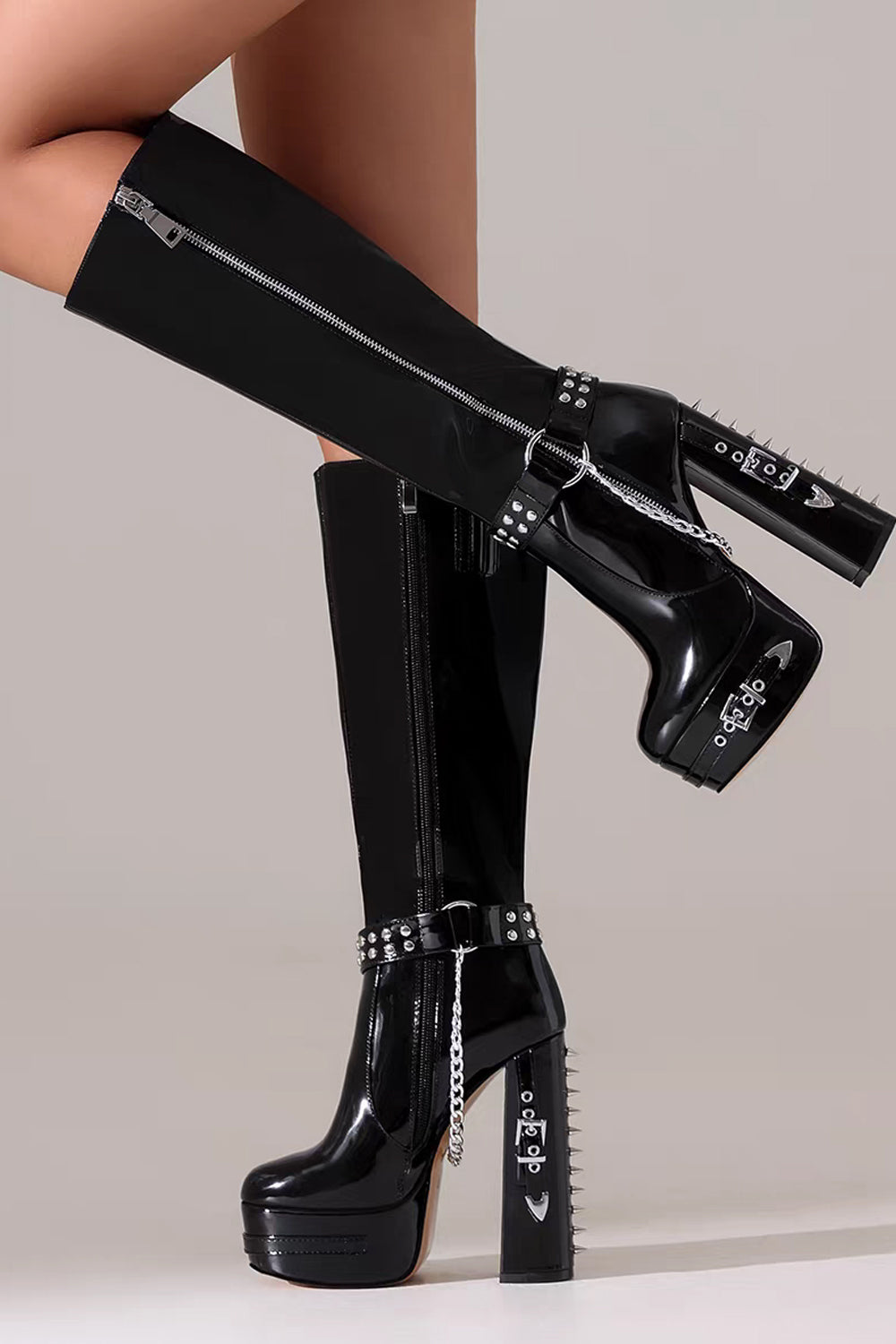 Black Patent Leather Platform Gothic Studed Chunky High-heeled Boots