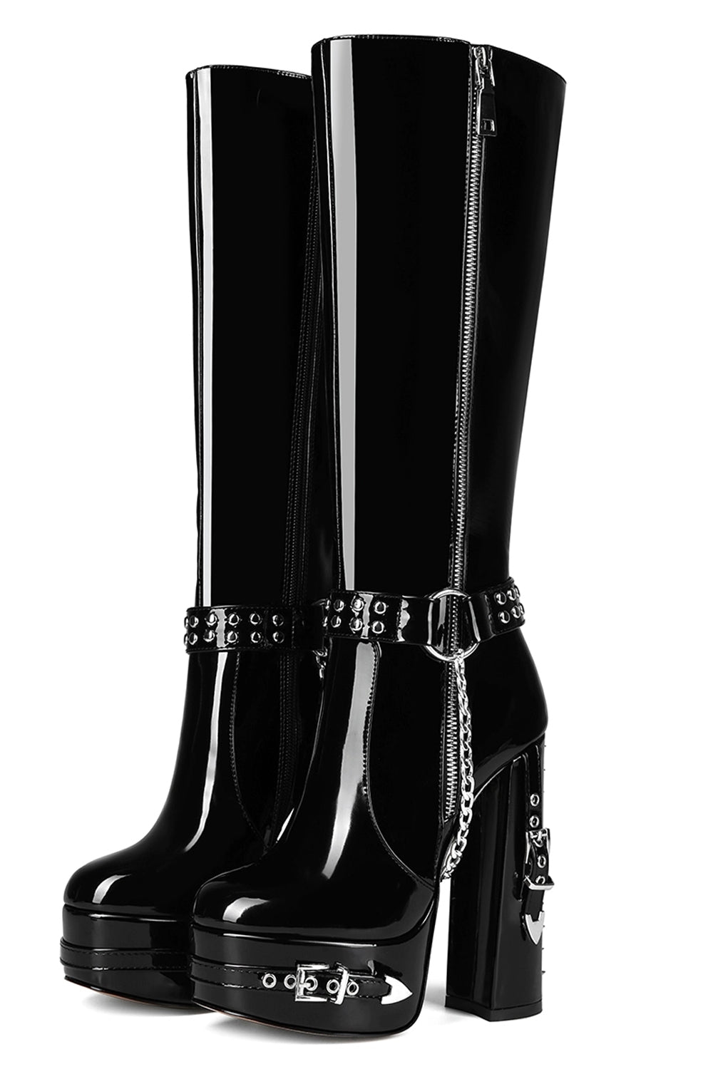 Black Patent Leather Platform Gothic Studed Chunky High-heeled Boots