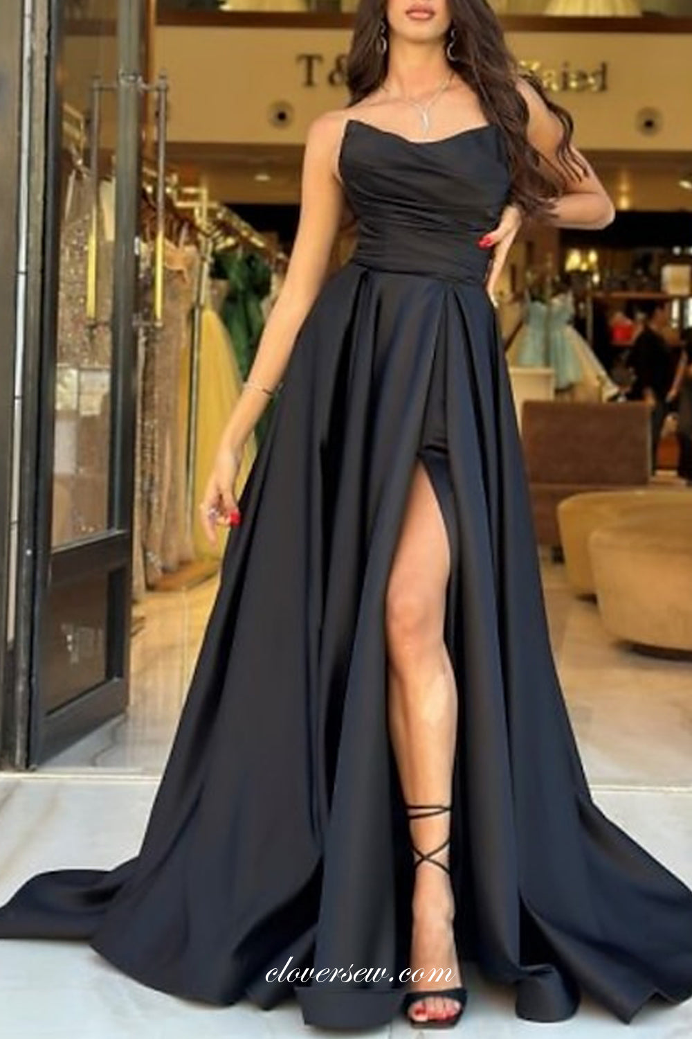 Black Satin Strapless A-line With High Slit Simple Prom Dresses, CP1042