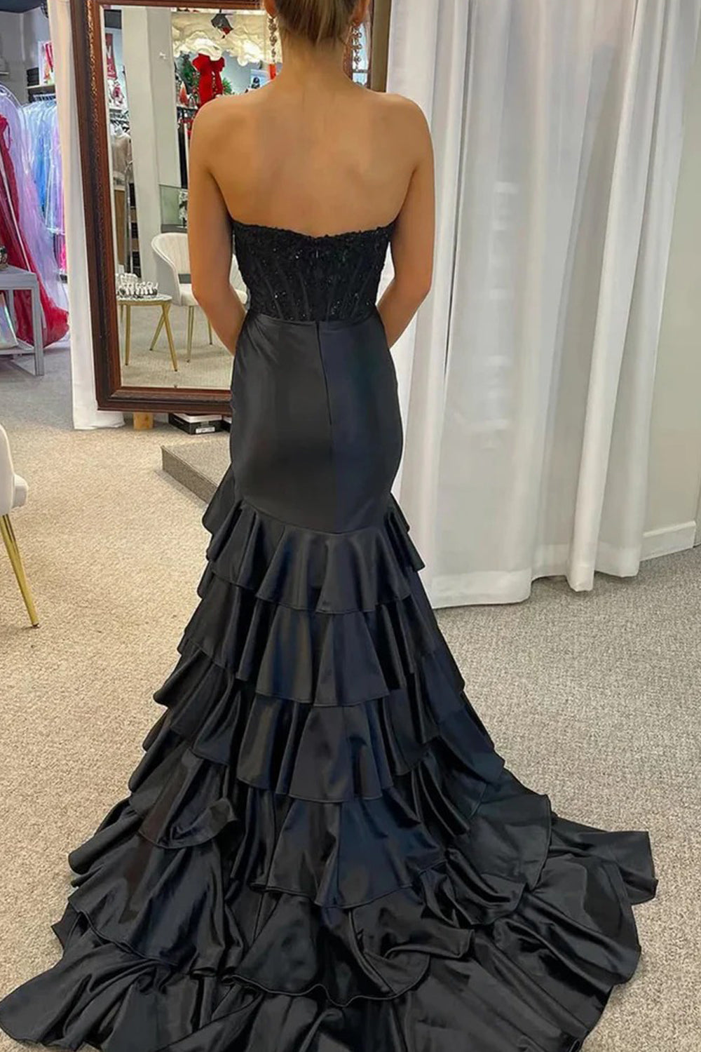 Black Satin With Sequin Corset Strapless Mermaid With Slit Tiered Prom Dresses, CP1050