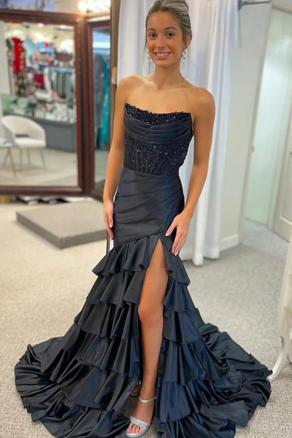 Black Satin With Sequin Corset Strapless Mermaid With Slit Tiered Prom Dresses, CP1050