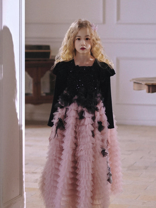Black Sequin Bustier with Fluffy Shoulders and Feather-Trimmed Pink Layered Tulle Skirt Flower Girl Dress, CF0019