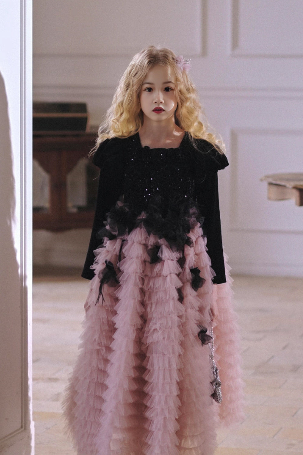 Black Sequin Bustier with Fluffy Shoulders and Feather-Trimmed Pink Layered Tulle Skirt Flower Girl Dress, CF0019