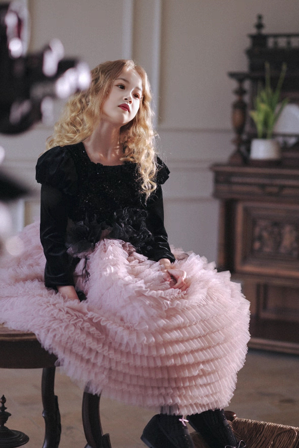 Black Sequin Bustier with Fluffy Shoulders and Feather-Trimmed Pink Layered Tulle Skirt Flower Girl Dress, CF0019