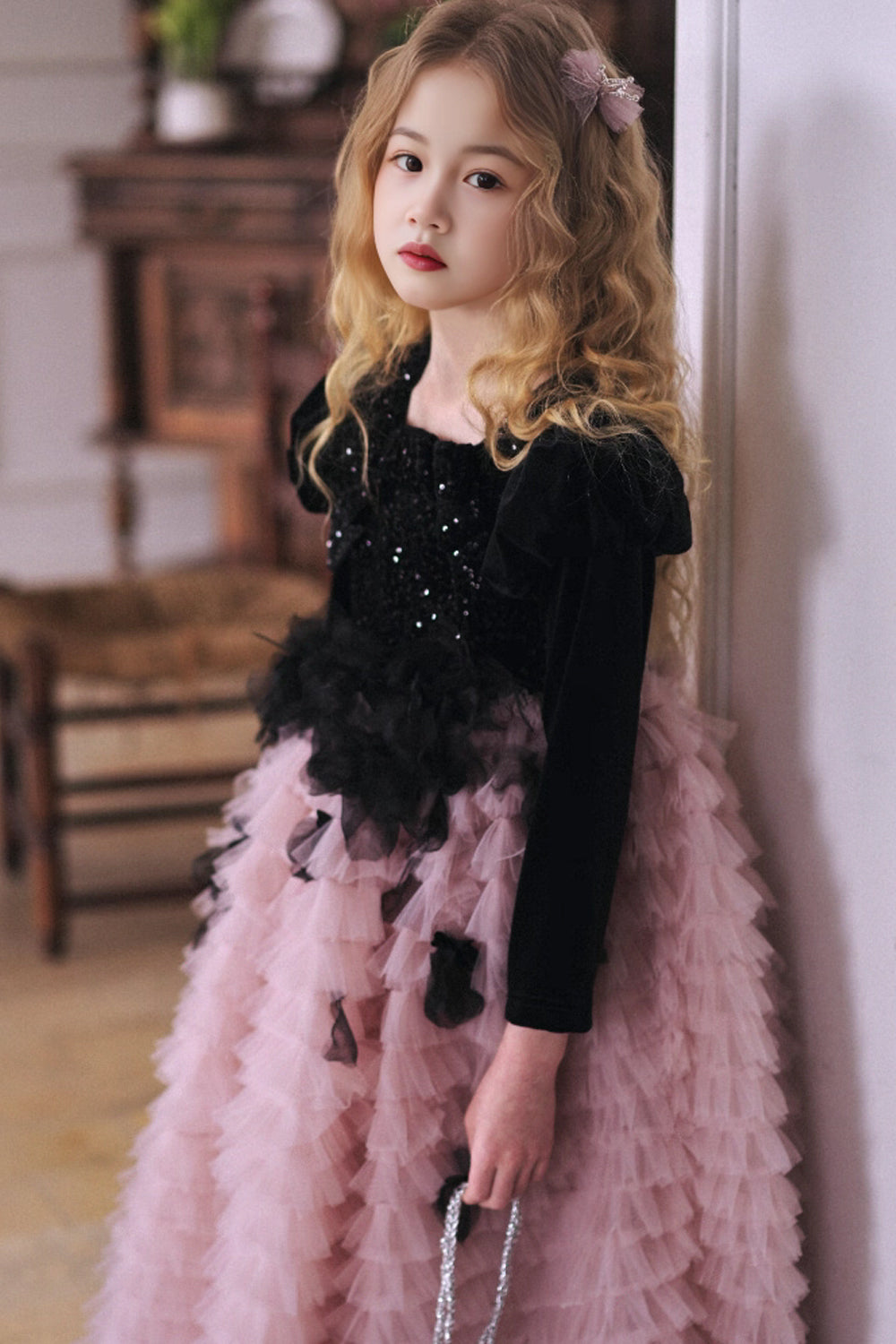 Black Sequin Bustier with Fluffy Shoulders and Feather-Trimmed Pink Layered Tulle Skirt Flower Girl Dress, CF0019