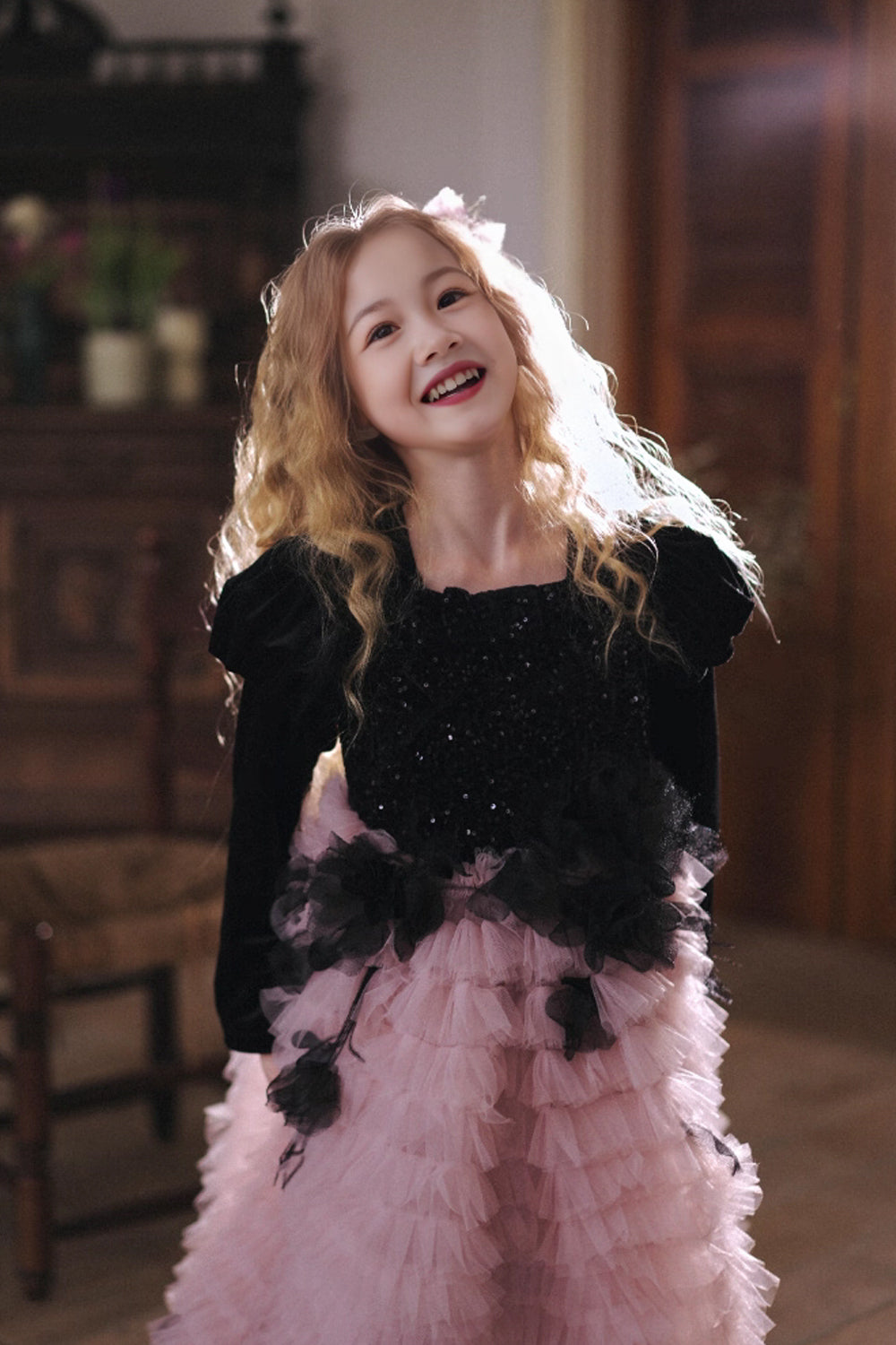 Black Sequin Bustier with Fluffy Shoulders and Feather-Trimmed Pink Layered Tulle Skirt Flower Girl Dress, CF0019