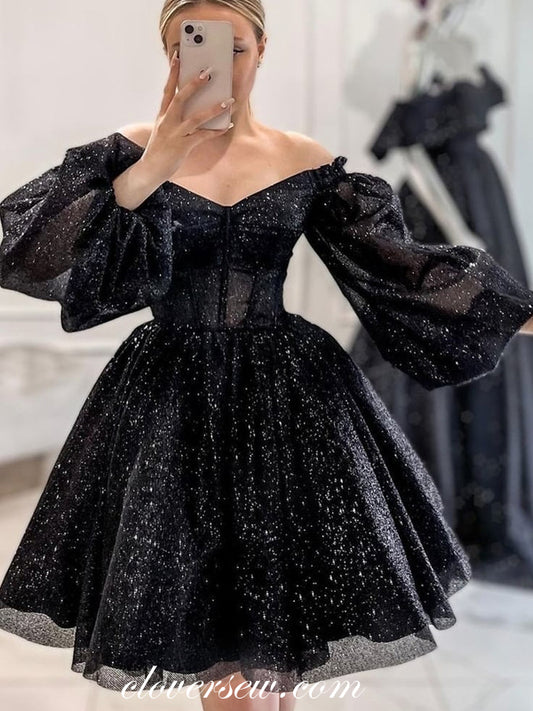 Black Shiny Glitter Tulle Off The Shoulder Long Puffy Sleeves Short Prom Dresses, CP1115