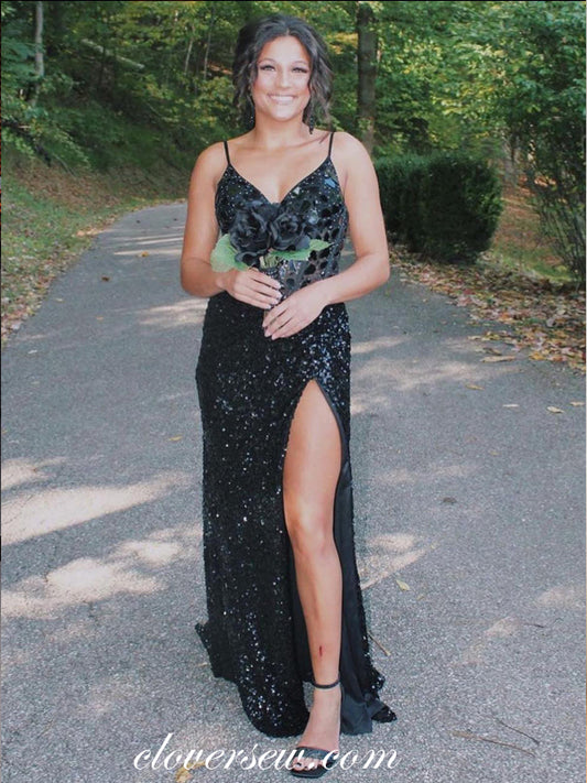 Black Sparkly Rhinestone Sequin Spagehtti Strap V-neck Sheath Slit Prom Dresses, CP1081