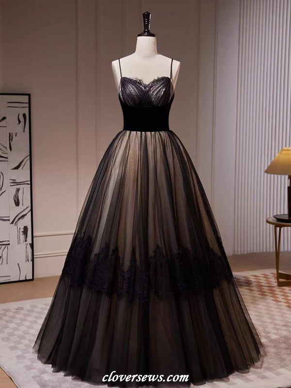 Black Tulle Lace Applique Spaghetti Strap Elegant A-line Formal Dresses, CP1165
