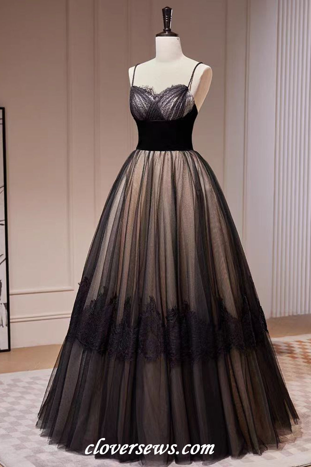 Black Tulle Lace Applique Spaghetti Strap Elegant A-line Formal Dresses, CP1165