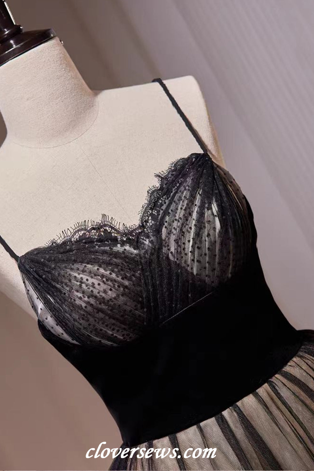 Black Tulle Lace Applique Spaghetti Strap Elegant A-line Formal Dresses, CP1165