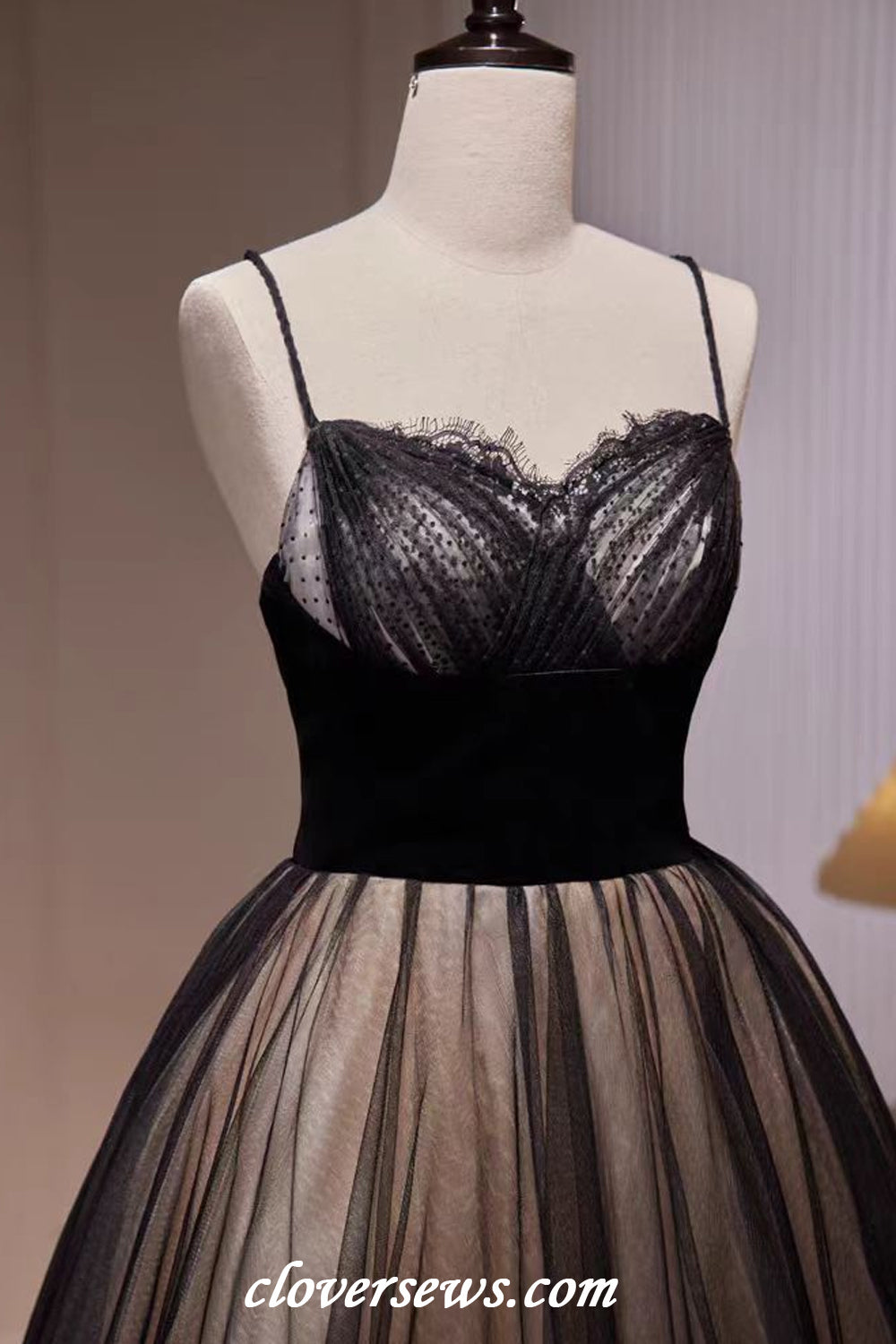 Black Tulle Lace Applique Spaghetti Strap Elegant A-line Formal Dresses, CP1165