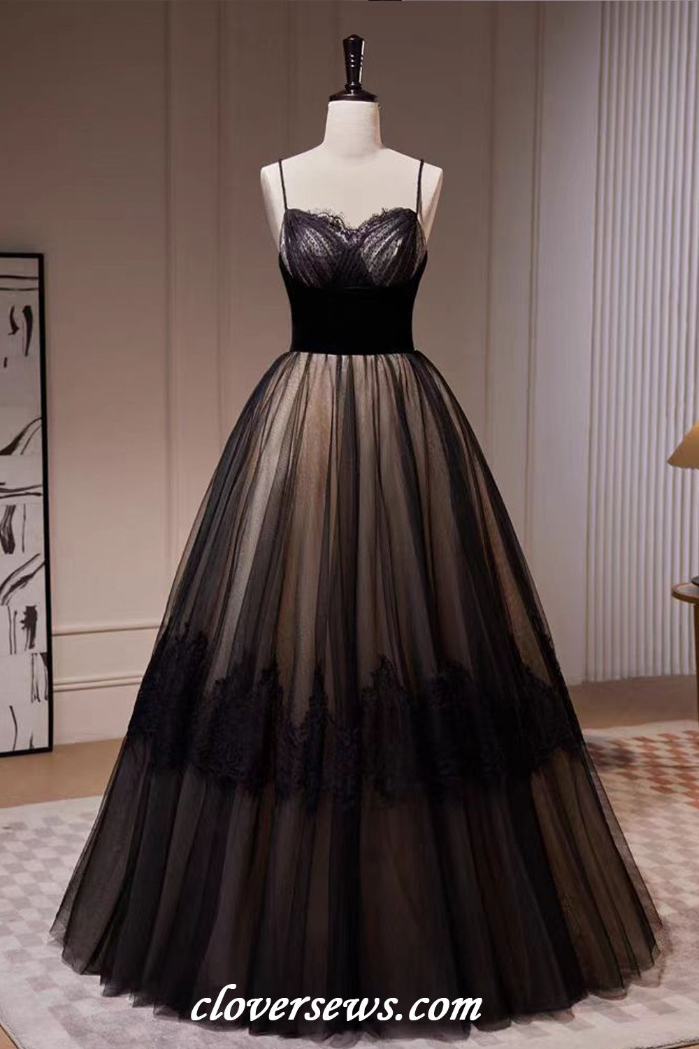 Black Tulle Lace Applique Spaghetti Strap Elegant A-line Formal Dresses, CP1165