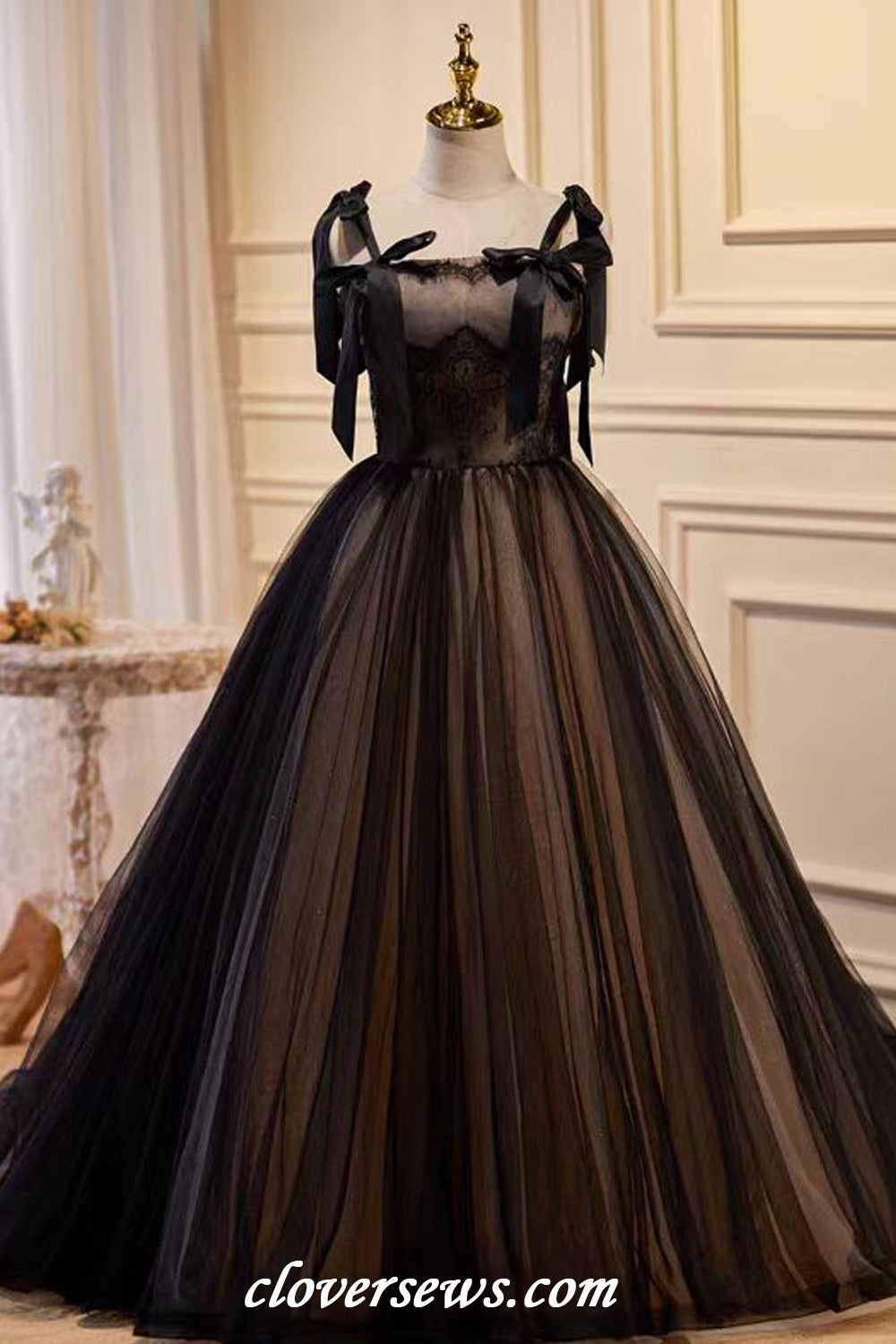 Black Tulle Lace Long Prom Dress, Black Evening Party Dress US 12 / Custom Color Black Tulle Lace Long Prom Dress, Black Evening Party Dress US 12 / Custom Color